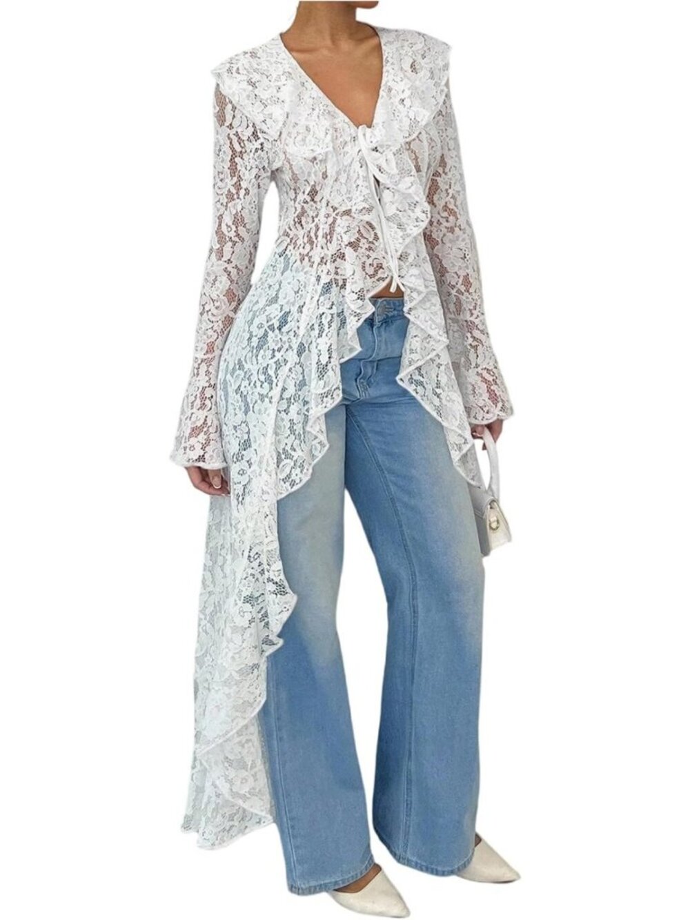 Floral Lace High Low Duster Cardigan - Women's Long Sleeve Chic Layering Top